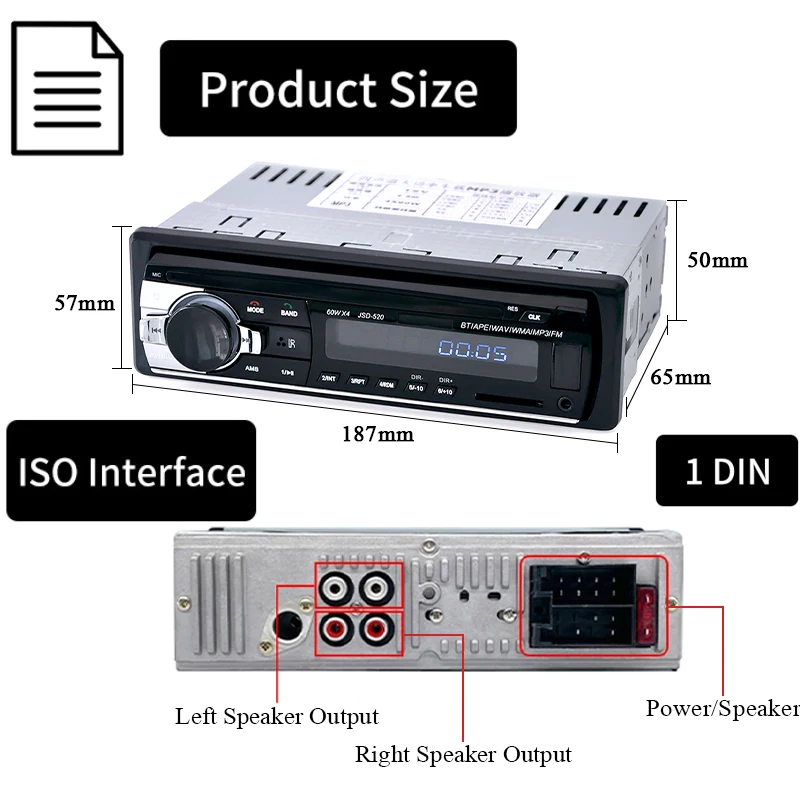 Car Radio 1 din Stereo Multimedia MP3 Player Digital Bluetooth FM ISO Power Aux Input USB Universal Autoradio