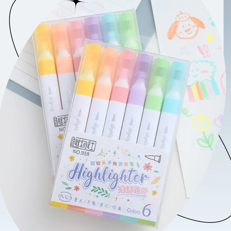 Highlighter Pen Marker Pen Highlighter Marker Art Marker Contour Marker 6 Colors Highlighter Markers Kawaii Stationery Items Cute Highlighter Outline Pen Set for Students Kids