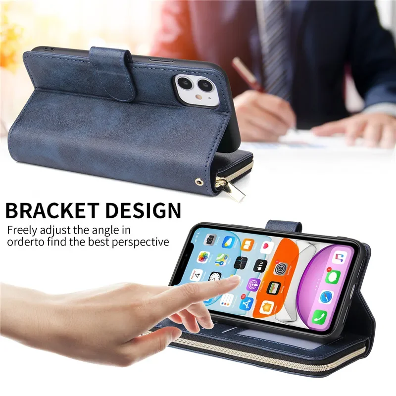Elegant Zipper Wallet Flip Leather Phone Case with Card Holder