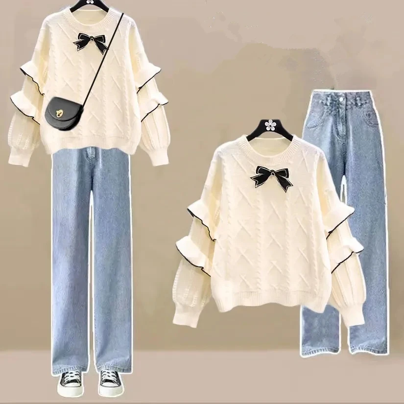 Autumn Winter Women Sweet Bowknot Sweater Wide Leg Pants 1 or 2 Piece Set Korean Lady Knit Tops Trousers Outfits 2023 Knitwear