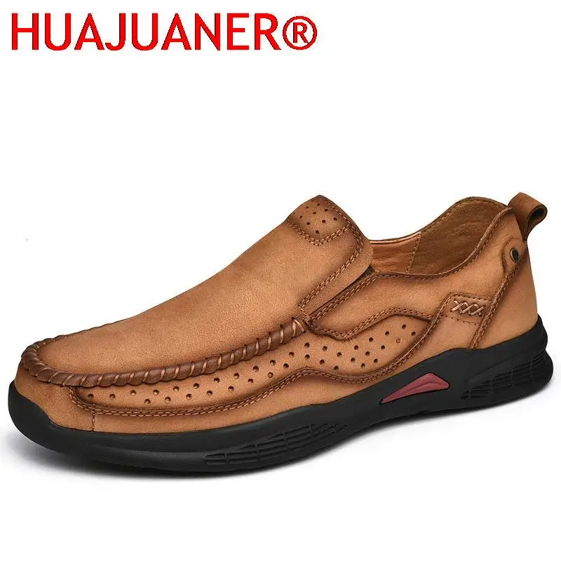 

New Genuine Leather Casual Men Shoes Hollow Out Breathable Male Flats Slip On Loafers Bussiness Men's Sneakers Summer Boat Shoes