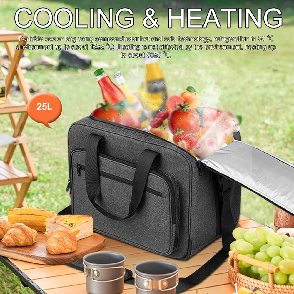 

25L Outdoor Refrigeator Bag Portable Car Cooler Bag Thermal Isulated Food Storage Bag 12V/110V with Shoulder Strap for Picnic