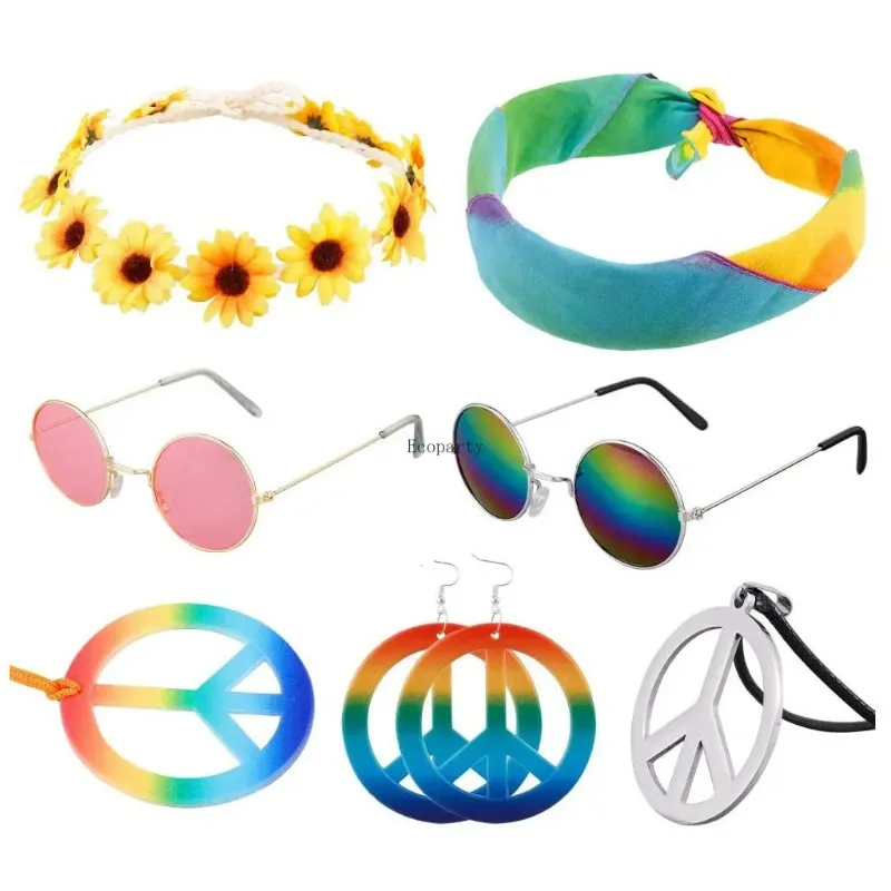 Set Accessori Hippie Anni '60-'70 - Occhiali Rotondi, Collana Pace E Corona Fiori Per Capelli | Per Feste E Costumi