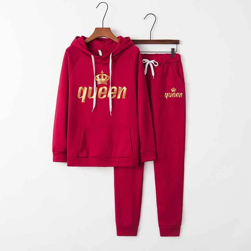 Tuveke women's autumn and winter latest Queen logo print tracksuit tracksuit drawstring solid color commuter women's suit