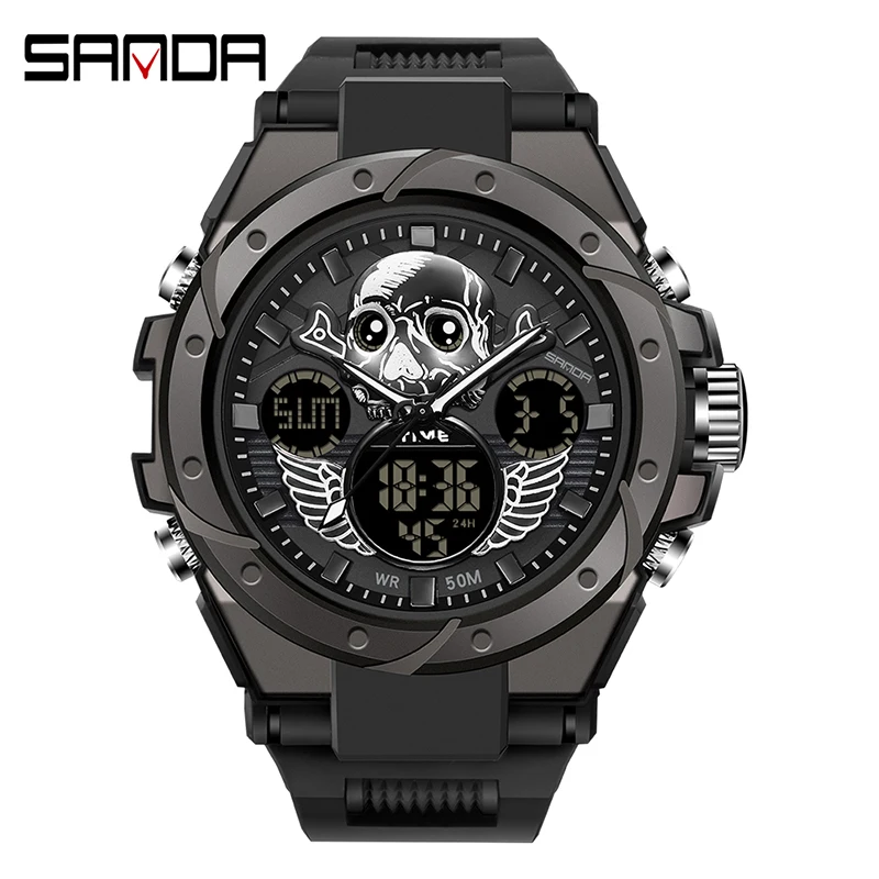 

SANDA Brand Digital Watch Man 2 Time Quartz Electronic Watches Stopwatch Chronograph Clock Luxury Japan Original Battery Watch