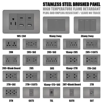 118 Premium Stainless Steel Brushed Wall Socket with USB Type - C, US Switch, Thai Plug for Home & Office Use