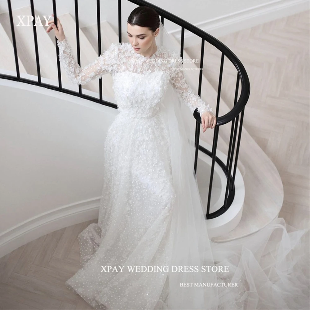 

XPAY Modest Exquisite A Line Wedding Dresses O-Neck Long Sleeves Dotted Tulle Arabic Women Bridal Gowns With Veil Elegant