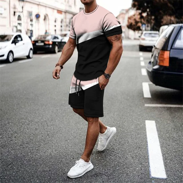 2022 New Summer Men's Suit Casual Beach Shorts Suit Sea View 3D Printing Short Suit Ordinary O-neck T-shirt 2-piece Set Oversize TS1274