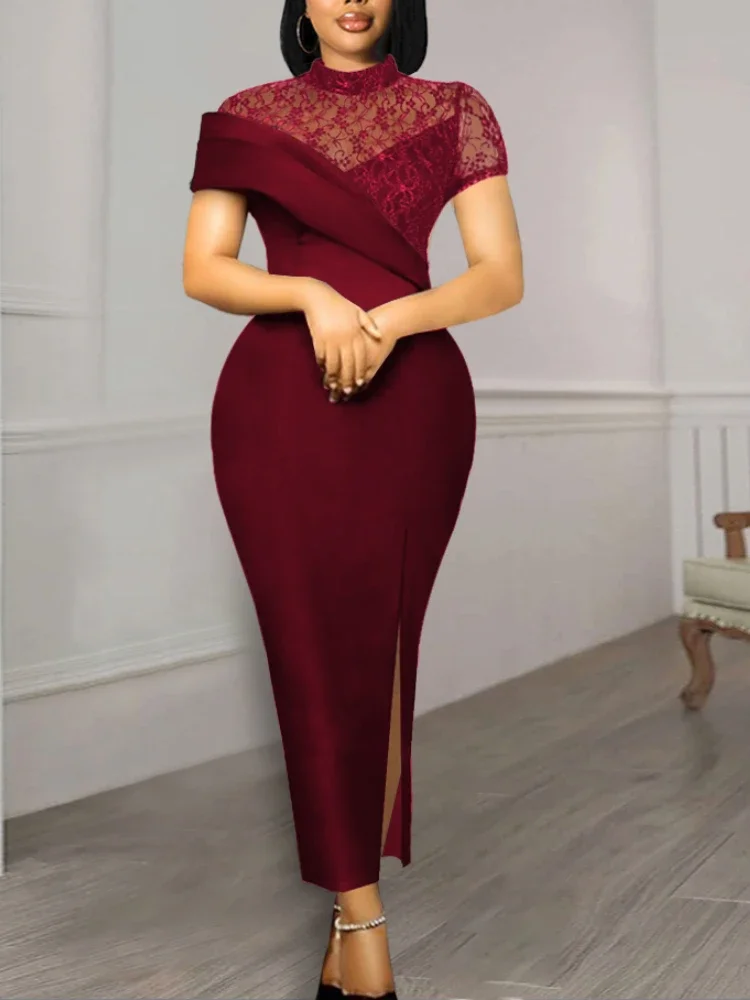 Women Dresses Lace Patchwork Elegant Party Sheer Sleeve Slim See Through Classy Retro Large Size Lady Homecoming Gowns Plus Size