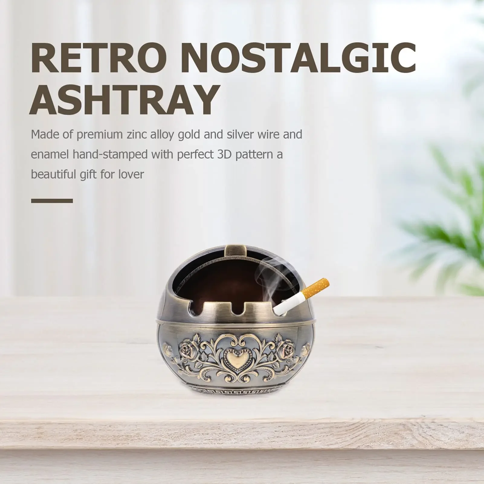 Portable Metal Ashtray Retro Decorative with Lid Indoor and Outdoor Carved Smoking Set