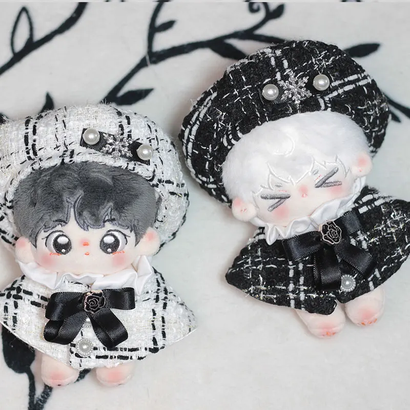 10cm Handmade Plush Doll Toy Clothes 20cm Anime Fashion High-End Pearl Beret Bow cloak Set For Boys And Girls Birthday Gifts 2