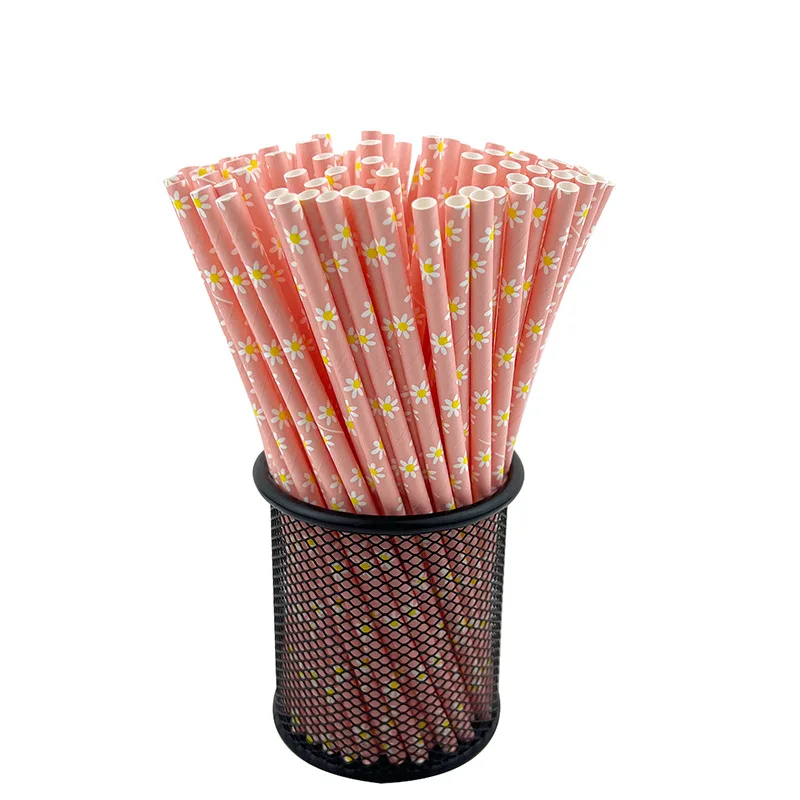 25pcs Home Kitchen Wedding Props Party Supplies Daisy Straw Paper Straws Disposable Decorations