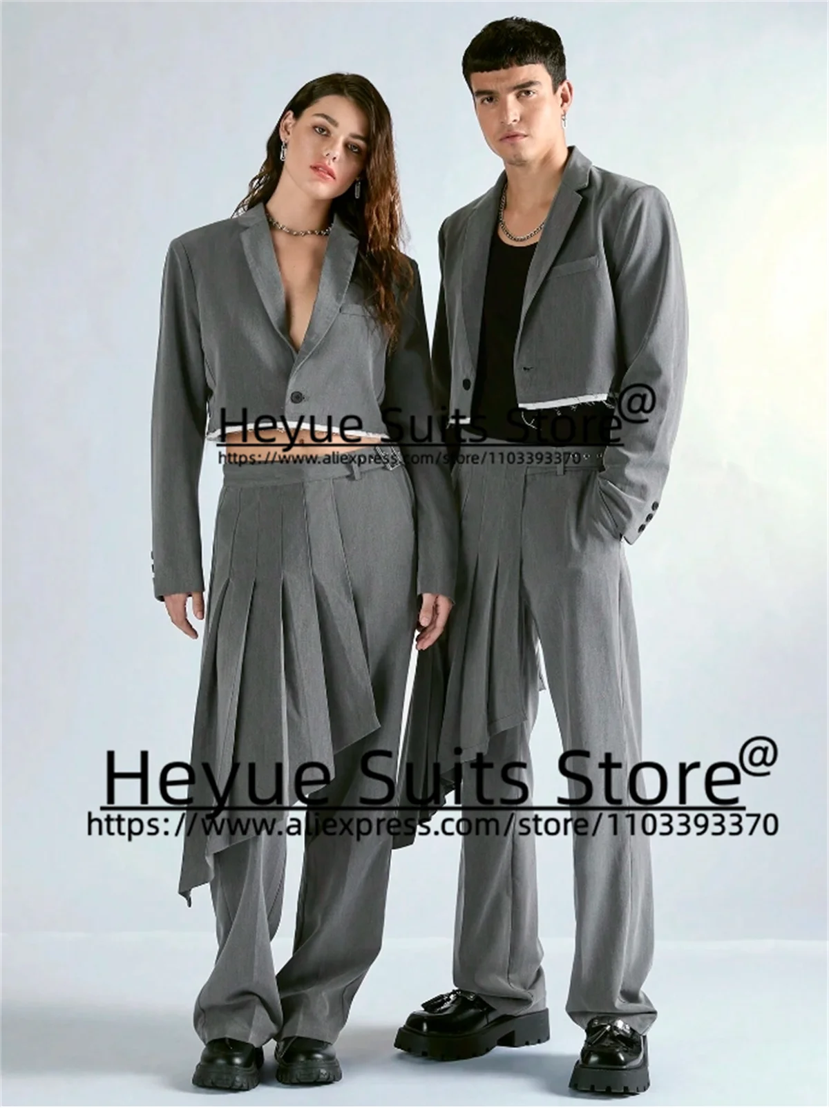 

Summer Couple Casual Design Gray Men/Woman Suits Slim Fit Notched Lapel Prom Party 2Pcs Sets Handsome Male Blazers Costume Homme