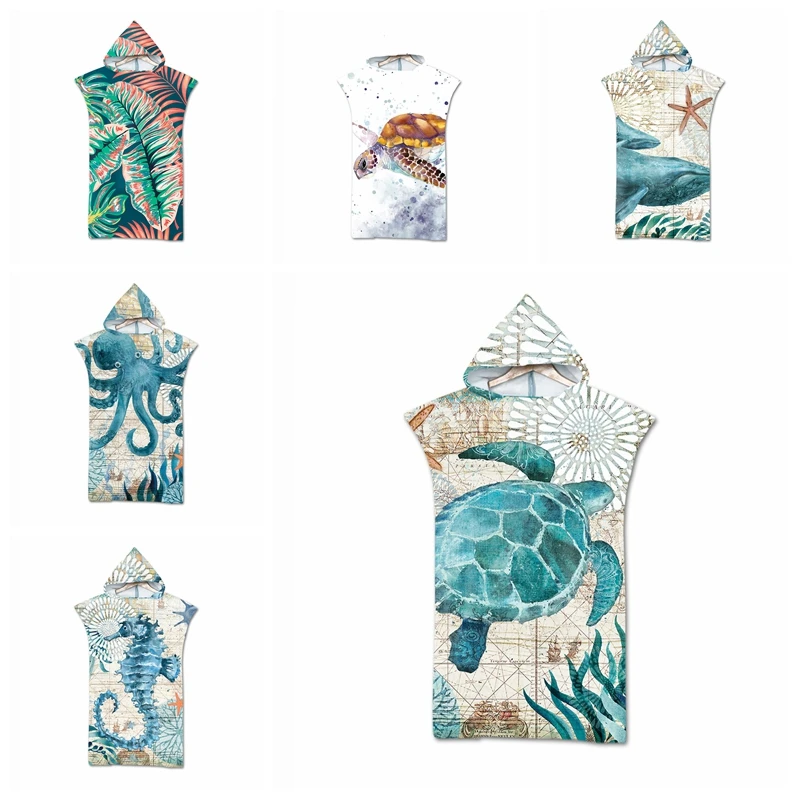 

New Printed Retro Sea World Hooded Microfiber Fabric Bath Towels Beach Towel Changing Bathrobe Gym Fitness Bath Towels