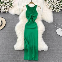 YuooMuoo Women Dress Sexy Wrap Hips Two Sides Available Split One-Piece Long Dress Fashion Knot Knitted Bodycon Party Robe Femme - Image 4