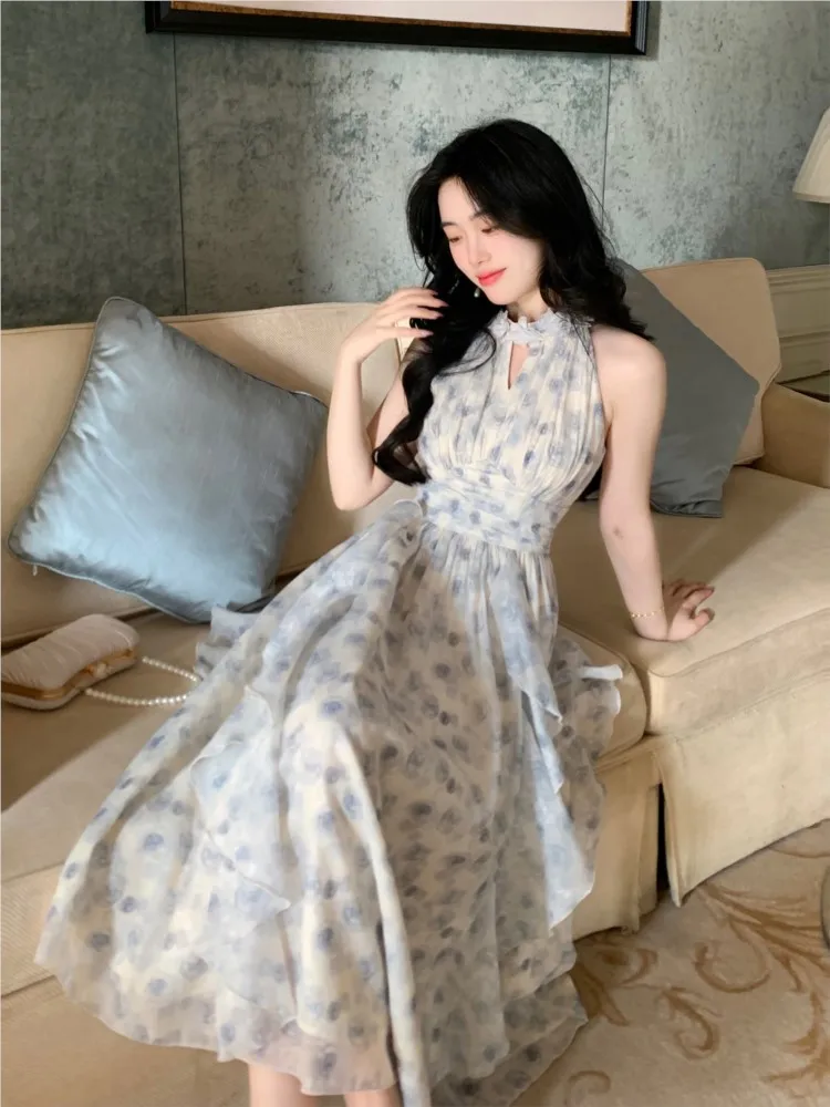 여성용 스트랩리스 민소매 화이트 쉬폰 롱 원피스, 프렌치 레트로 동화 공주 원피스, 우아한 프릴, 푹신한 원피스, 2024 신상