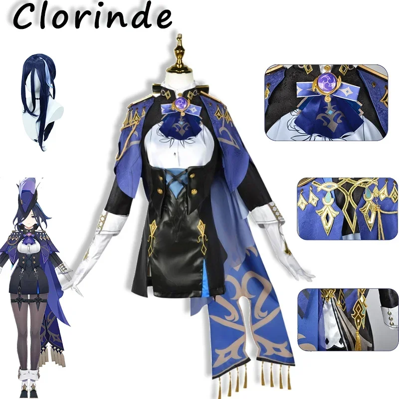 

Clorinde Cosplay Genshin Impact Costume Bodysuit Wig Hat Uniform Cloak Earrings Cos Halloween Party Carnival Party Set Comic Con