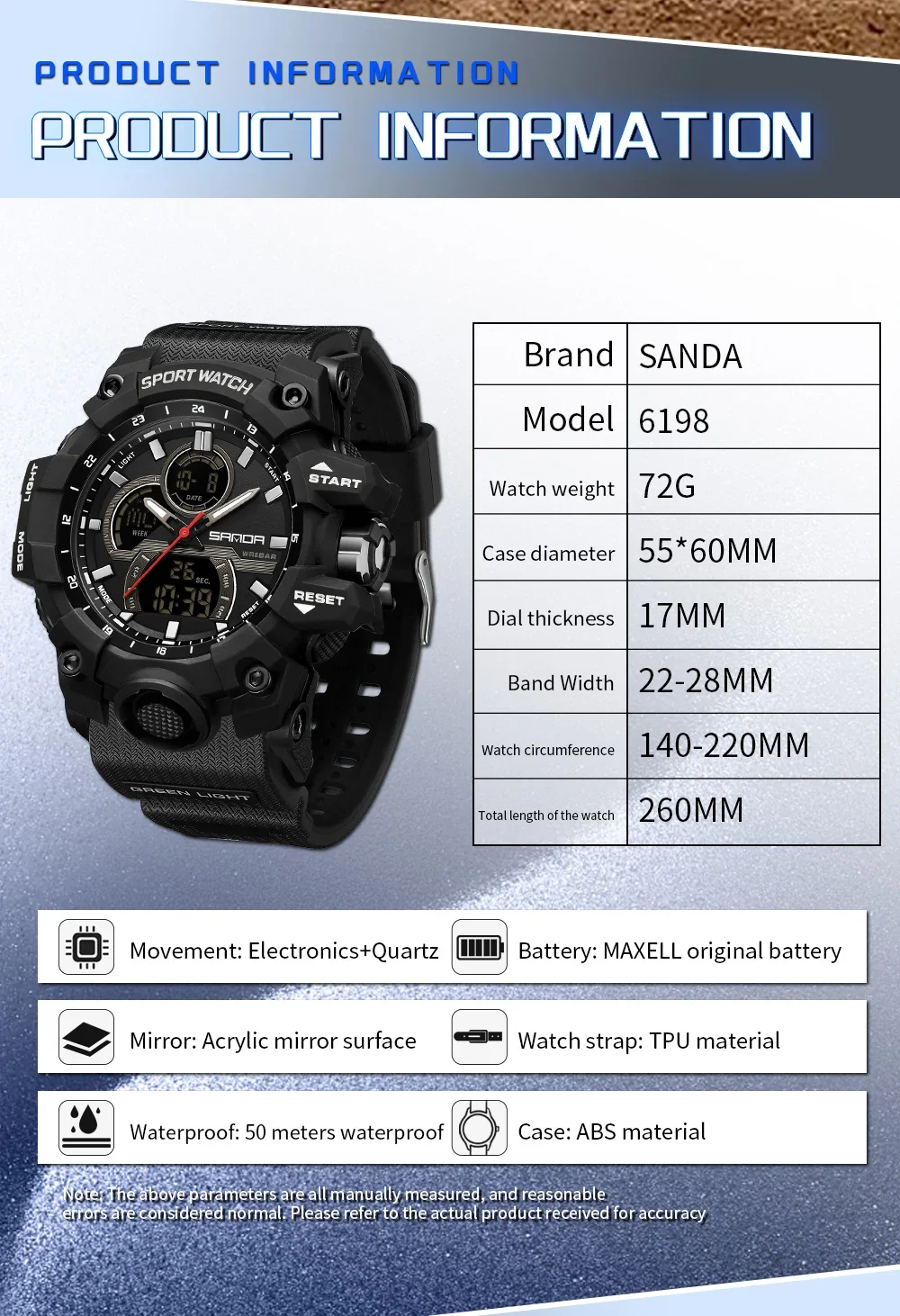 SANDA 6198 Watch Fashion Trend Dual Screen Multi functional Outdoor Sports Multi functional Waterproof Electronic Men's Watch 5