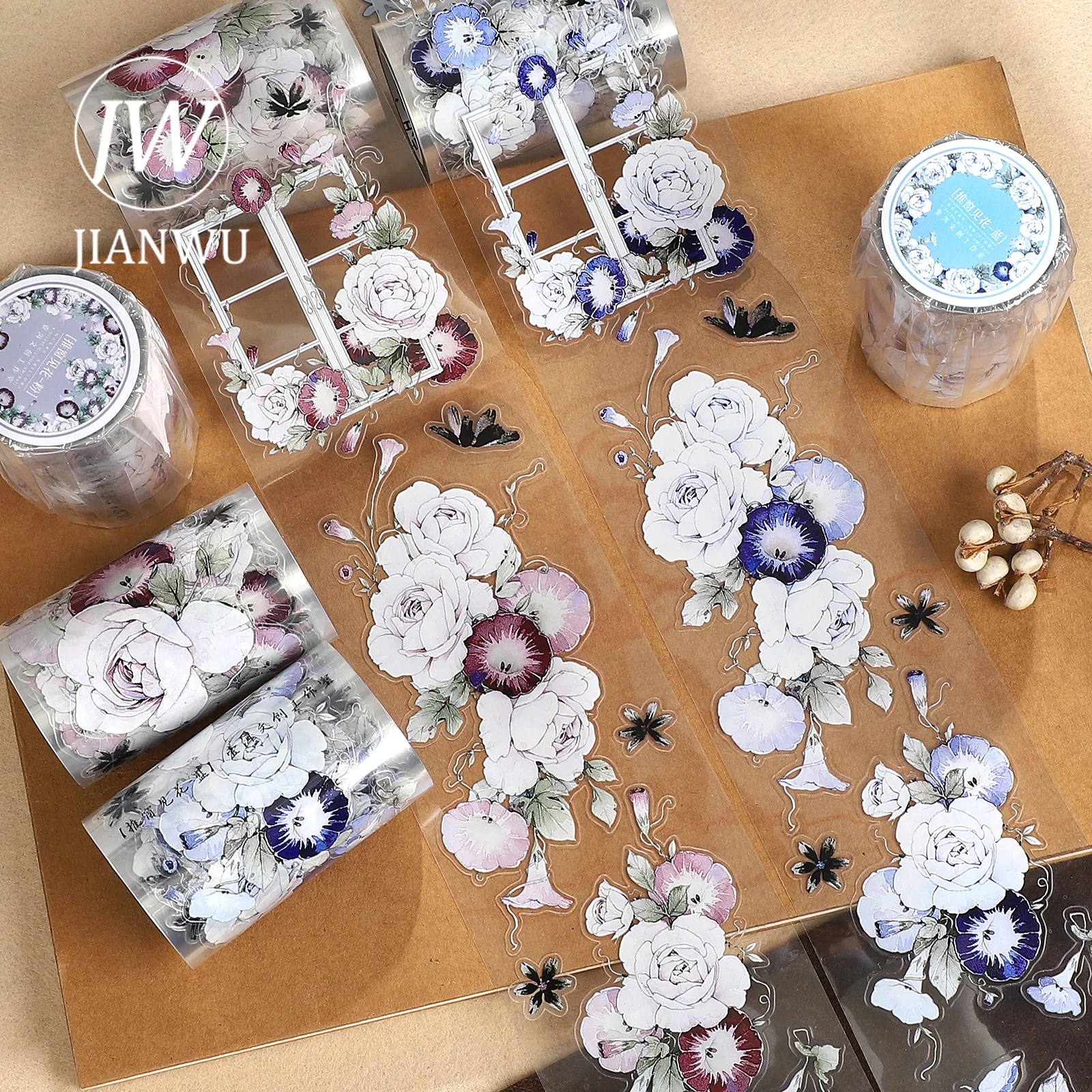 IANWU 65mm*6m 빈티지 식물 꽃 창문 풍경 소재 콜라주 스크랩북 PET 테이프 창의적인 DIY 저널 문구류