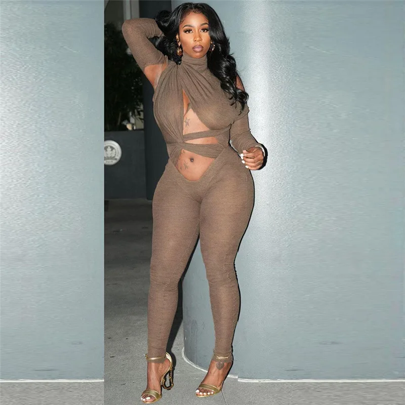 

2023 осенние облегающие комбинезоны с вырезами, женский сексуальный комбинезон с высоким воротником и длинным рукавом, на шнуровке, с открытой спиной, Облегающий комбинезон, брюки-карандаш