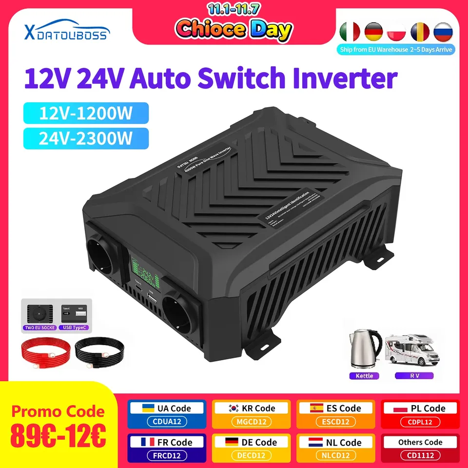  DATOU BOSS Pure Sine Wave Inverter 12v 24v 1200w 2300w Two Voltages Support dc ac Inverter 12v to 220v EU Peak Power 4000W 