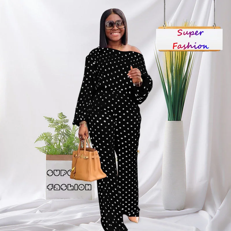 

WSFEC L-4XL Fall Outfits Women Clothing Fashion Plus Size 2 Two Piece Sets Casual Dot Printing Long Sleeve Female Pant Suits