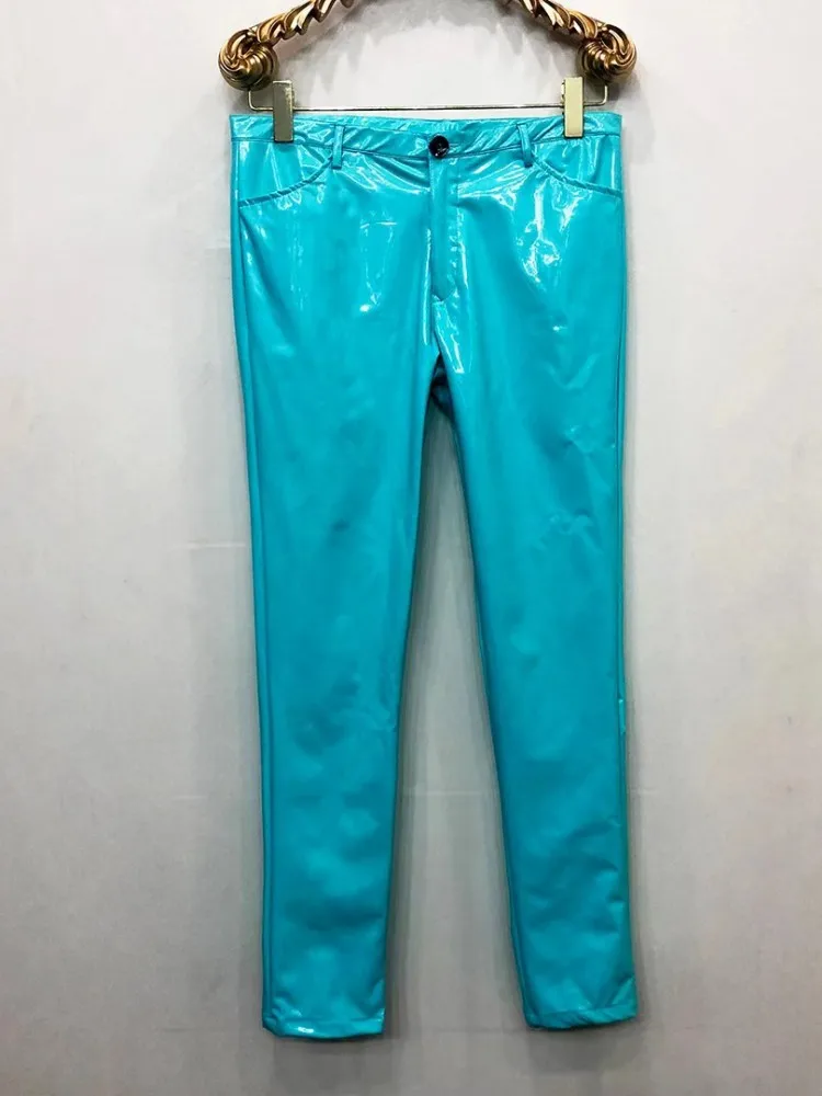 Sexy Men Night Clubwear Stretchy Skinny Pencil Pants Mirror Smooth Faux Patent Leather Trousers Plus Size 6XL PU Leather Pants men trousers leather pants skinny pants