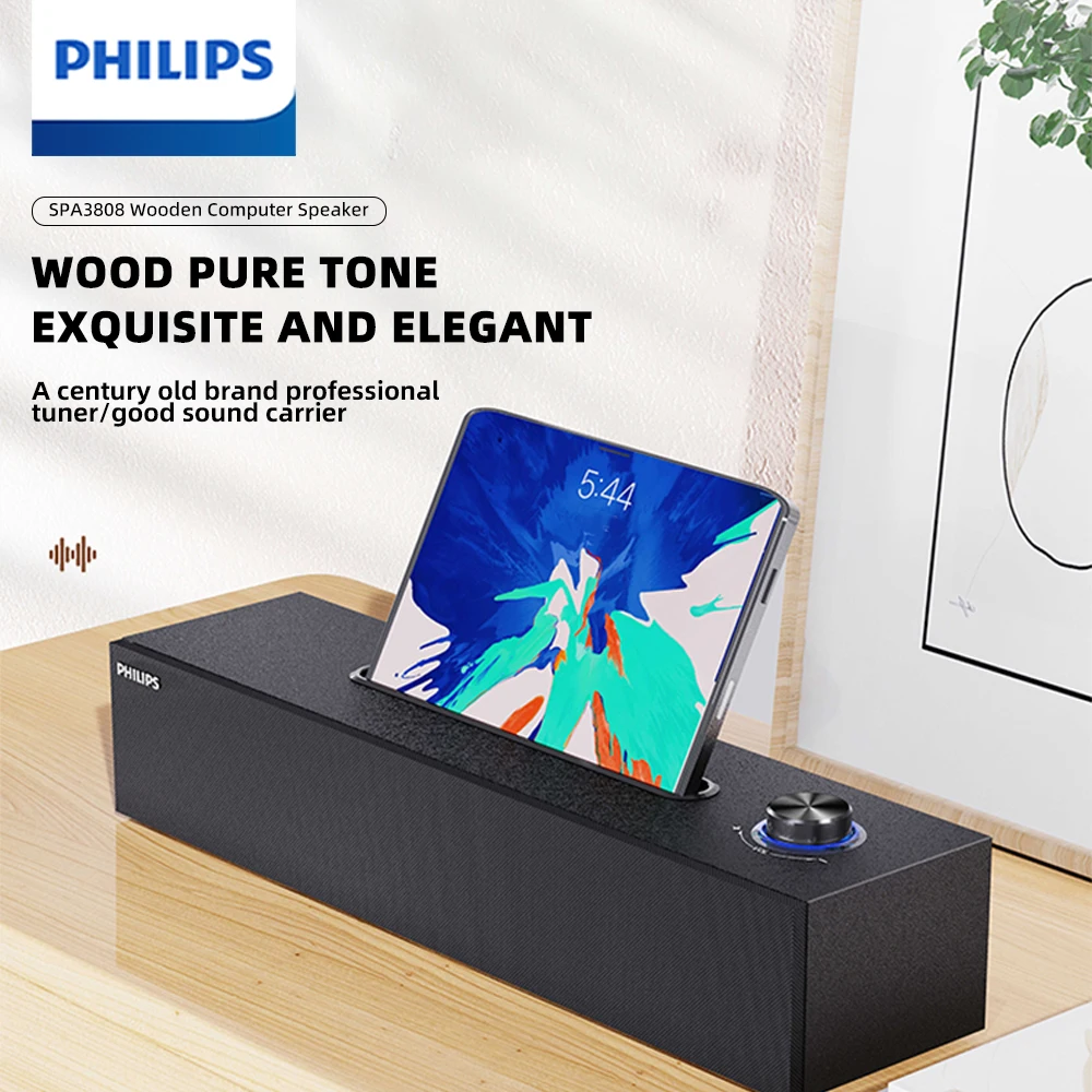 Philips SPA 3808 SoundBar Features a Simple Wood Grain Design HIFI Sound Quality 3D Audio Effect And Built-in Sound Card