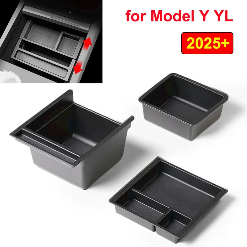 Für Tesla Model Y YL Juniper 2025 2026 Mittelkonsole Doppelschichtige Aufbewahrungsbox Armlehnen-Organizer Schiebefach Auto-Zubehör