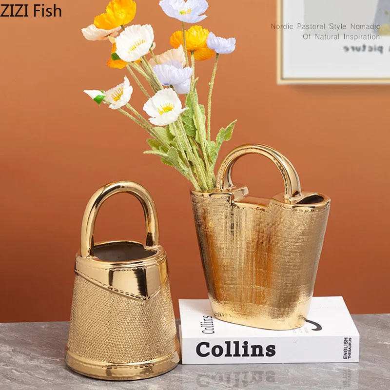 Golden Handbag Shape Ceramic Vase Flowers Pots Desk Decoration Flower Arrangement Creative Floral Vases Room Aesthetic Decor 2