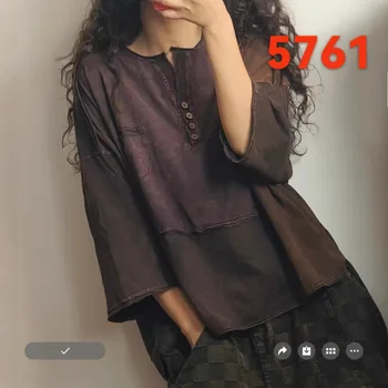 2026Women Cotton T-Shirts Summer Retro Vintage Color Spliced Buttons Ruched O-Neck Collar Short Sleeve Female Tide Tops Wild 1