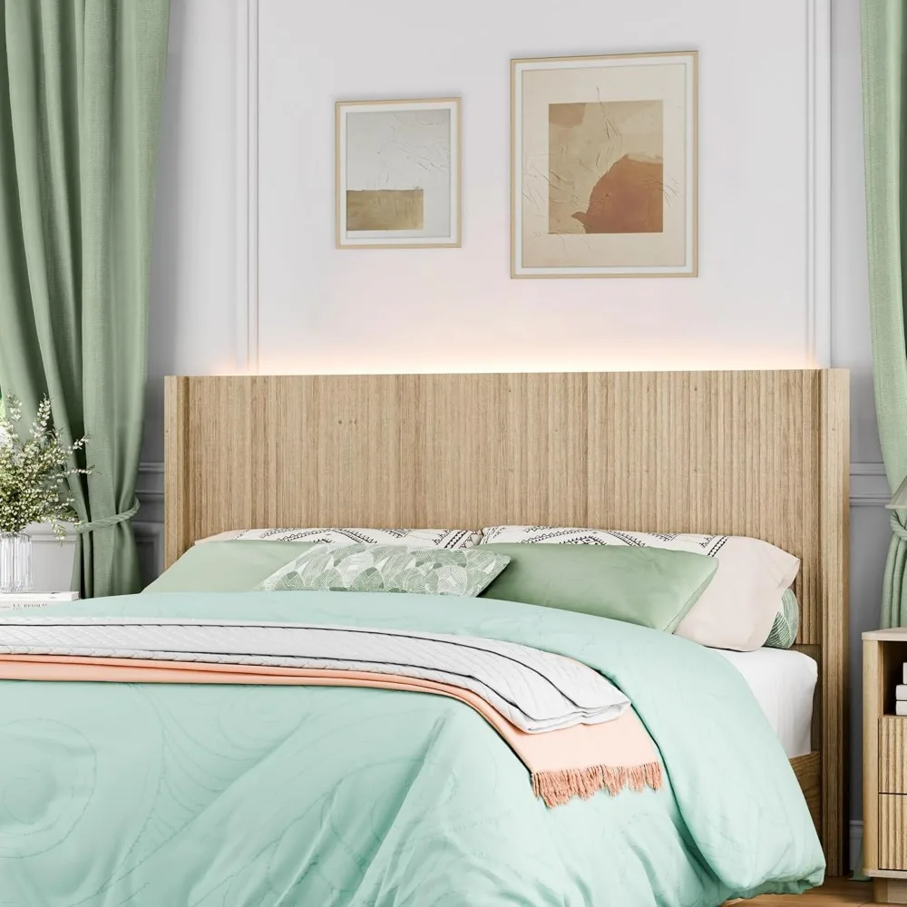 Queen Size Headboard Only, Modern Fluted Wall-Mounted Head Board with Lighting, Boho Wood Bed headboard Stylish Bedroom Decor, N