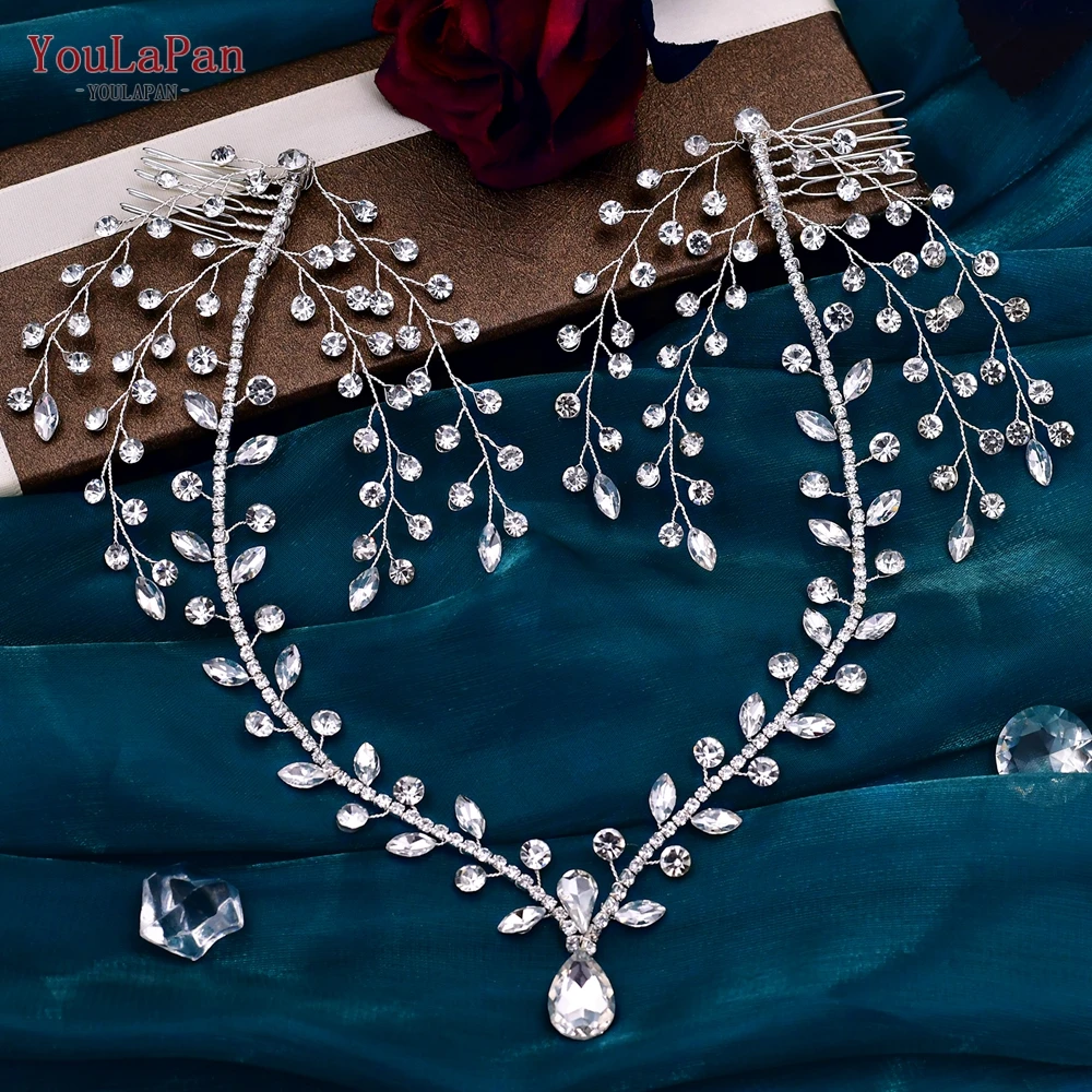 Rhinestone Wedding Forehead Headband Women Headdress Water Drop Bridal Head Tiara Bride Head Piece with Combs for Hair Accessory