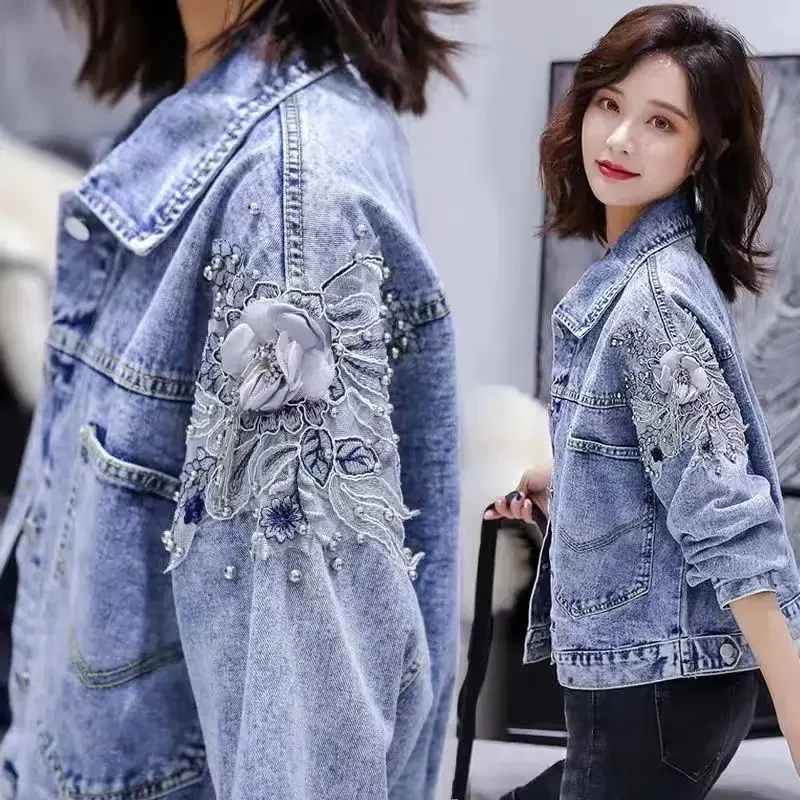 Women's Fall Long Sleeve Denim Jacket Beaded Embroidered Biker Jacket Ladies Short Coat Loose Korean Version All-match Cardigan