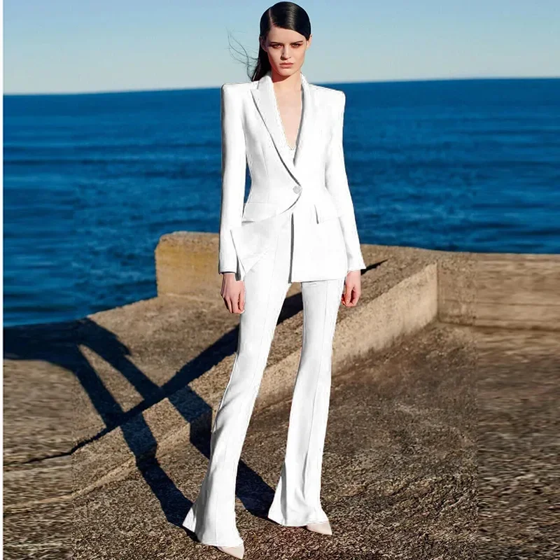 

White Women Suit Set Wedding Tuxedos Formal Blazer Pants Elegant Female Business Work Wear Office Lady Jacket Coat Prom Dress