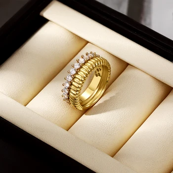 Anelli Classici a Doppio Strato in Acciaio Inossidabile con Strisce, Leggeri e Brillanti con Zirconi CZ, Anello da Sposa Impermeabile, Gioielli Vintage