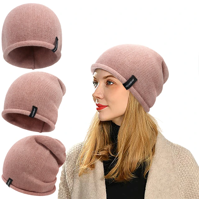 Gorro de lana para mujer, color sólido, para otoño, invierno, color sólido,  suave, cálido, gorro de punto