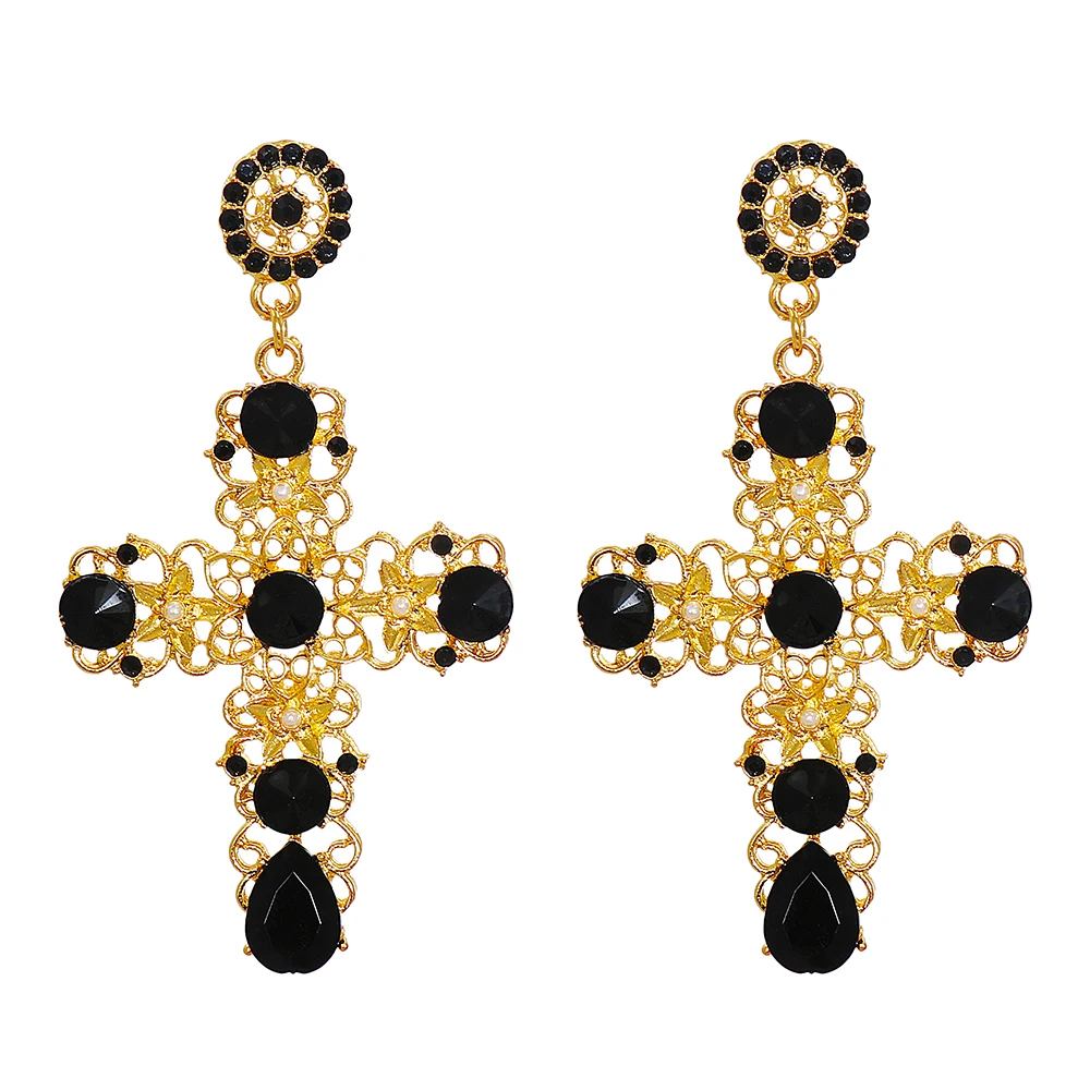 Vintage Gold Color Big Cross Statement Dangle Earring Fashion Pearl Metal Drop Earrings for Women Party Wedding Accessories Gift