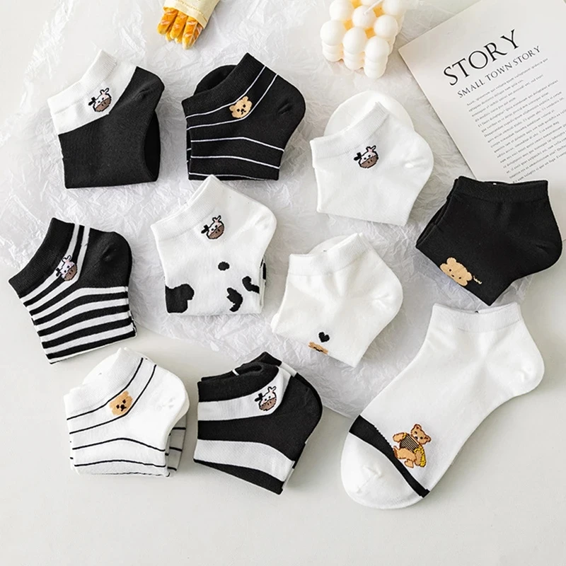 5 paia di calzini bassi con stampa di mucca da donna, estivi, corti, cartoni animati, calzini alla caviglia, carino Asakuchi, traspiranti, per ragazza, piedi, Sokken Set_voghion.com