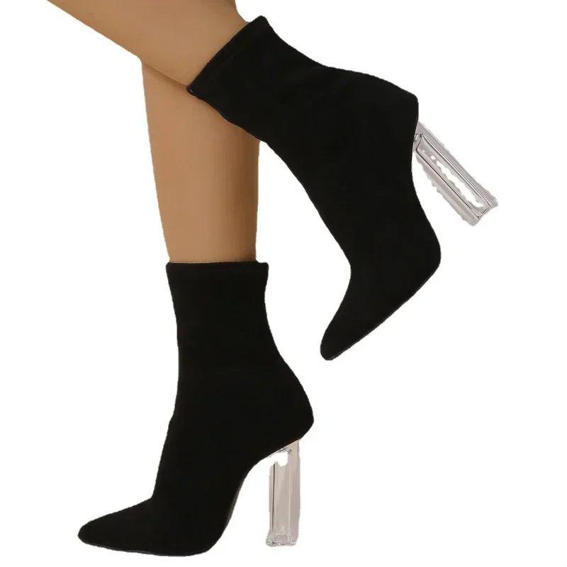 Women High Heels Flock Ankle Boots Lady Winter Block Clear Heels
