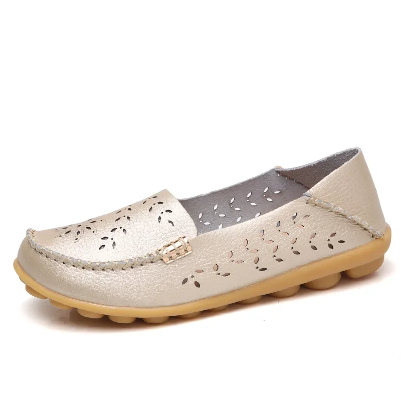 Women's Flats 2025 Spring Summer Hollow Breathable Flat Casual Shoes Hole Soft Bottom Leather Mother Pregnant Women Shoes - 6