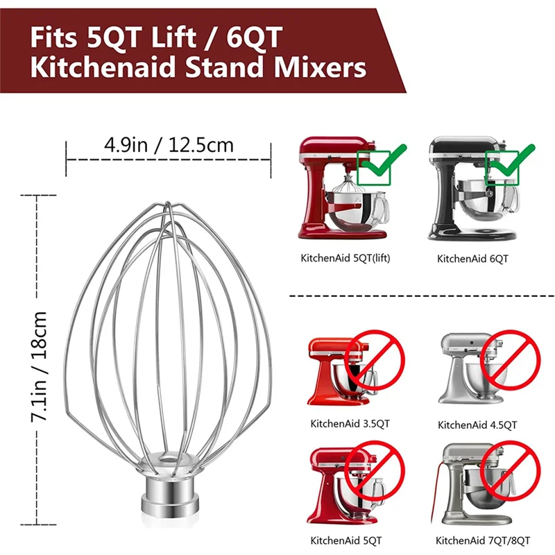 Wire Whip for Kitchenaid Stand Mixer 5QT Lift and 6QT, Whisk Attachment, Stainless Steel Egg Cream Stirrer HOT