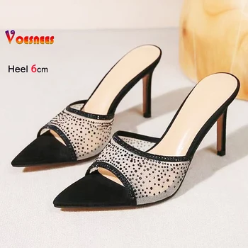 Shoes 2025 Summer Breathable Mesh fabric Rhinestone Slippers For Women 6CM Thin High Heels Elegant Mules Slip-on Pointy Sandals