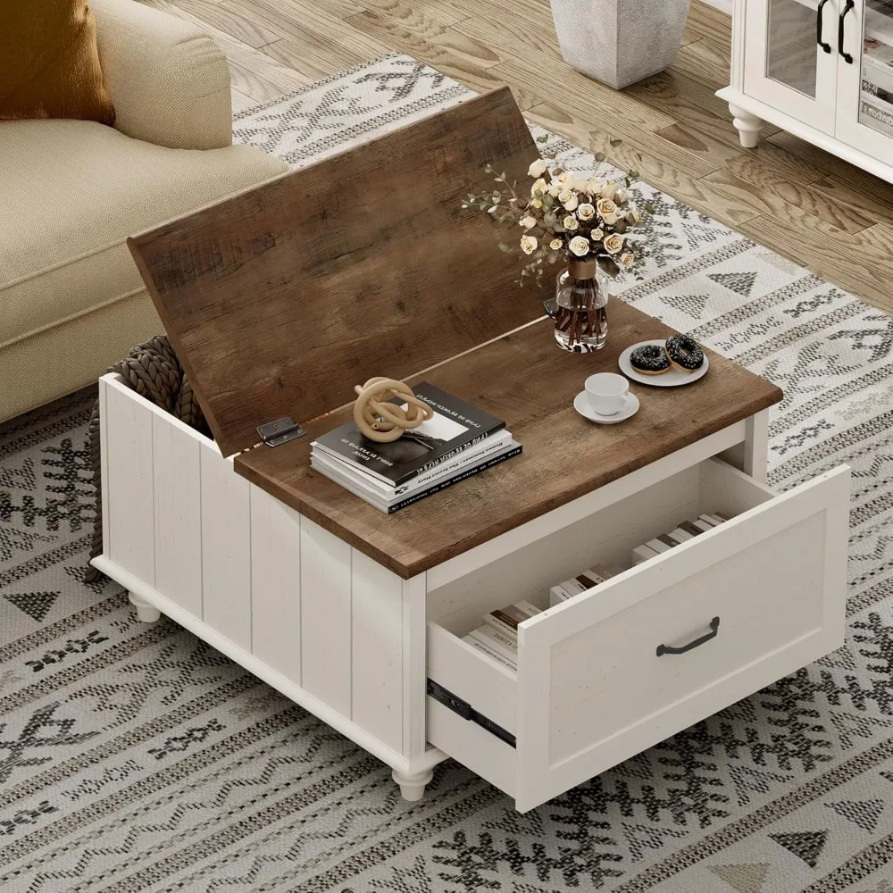 Farmhouse coffee table, square with adjustable top and living room drawers, wooden center table for home and office 4