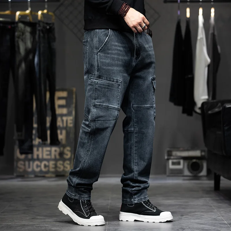 Multi-Pocket Baggy Jeans Mens Streetwear Cargo Denim Pants Straight Trousers Plus Size 40 42 44 denim pants denim trousers cargo jeans