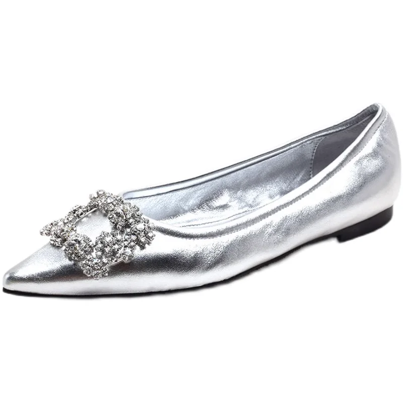 2023 Spring and Autumn New Fashion Shallow Mouth Rhinestone Square Buckle Pointed Versatile Women's Flat Bottom Casual Shoes 6