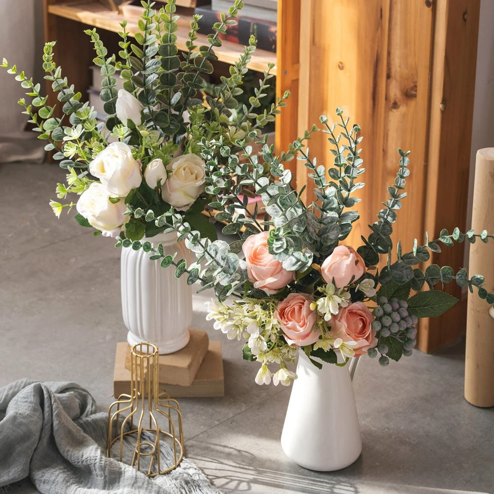 Wedding Flower Bouquet Artificial Silk Bridal Rose Eucalyptus Lucky Ball Flower Home Wedding Decor Bride Bouquet Forest Style