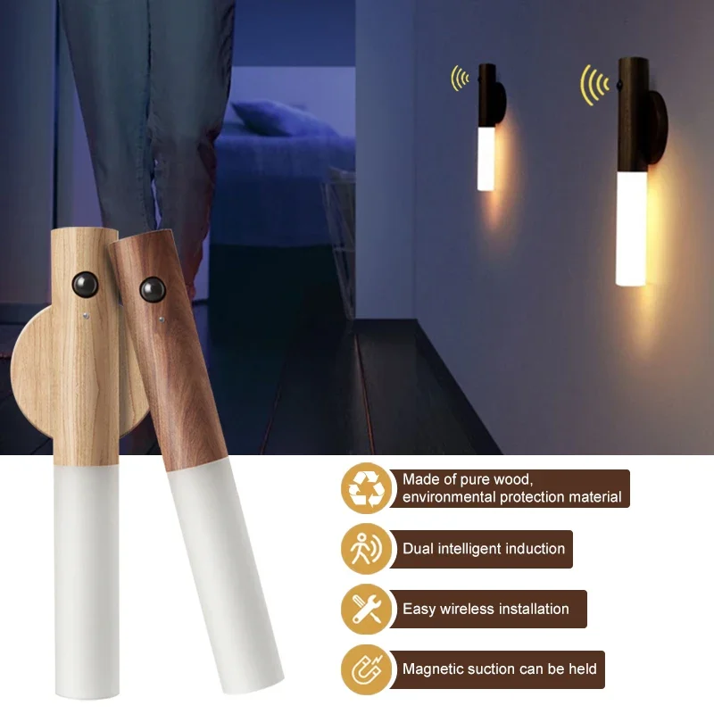 

4Pcs New Wood Stick Night Light Wireless Motion Sensor Wall Lamp Magnetic Corridor Wardrobe Closet Bedroom Decor Home