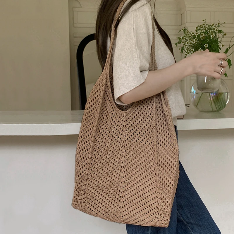 Fashion Women's Hollow Woven Shoulder Bags Large Capacity Knitting Underarm Bag Solid Crochet Tote Handbag Summer Mesh Beach Bag