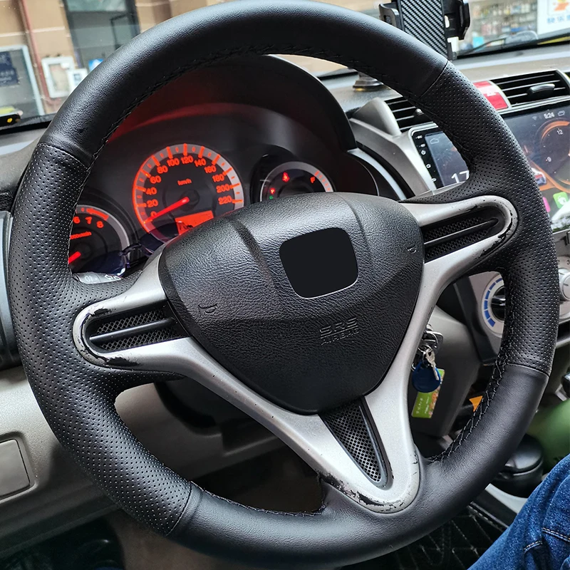 Handgenähter Lenkradbezug Für Honda Fit/Jazz/Stadt - Schwarz